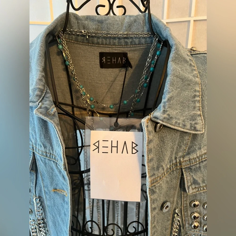 REHAB Pinnacle Sportswear Light Wash Denim Jacket with Chains Size: Small NWT - Picture 2 of 6